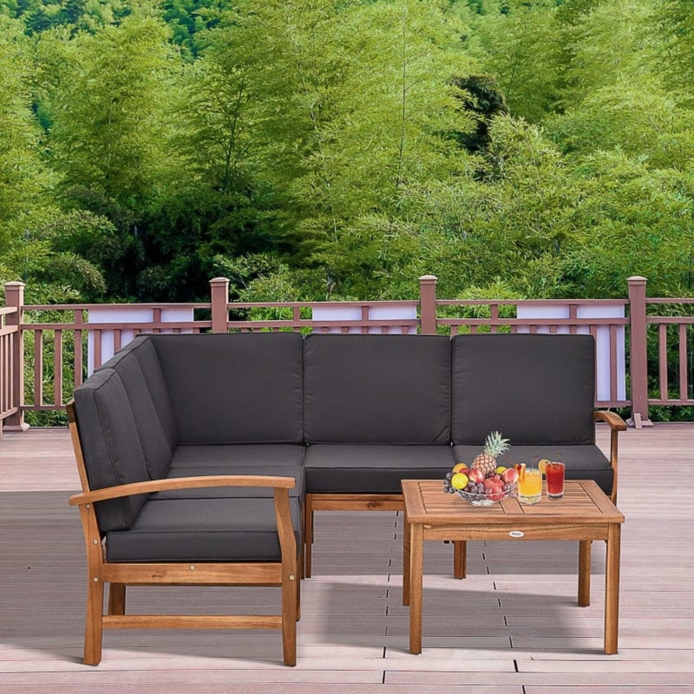 Outsunny 6 Piece Acacia Wood Sectional Sofa Outdoor Patio Furniture Set - 84B-448