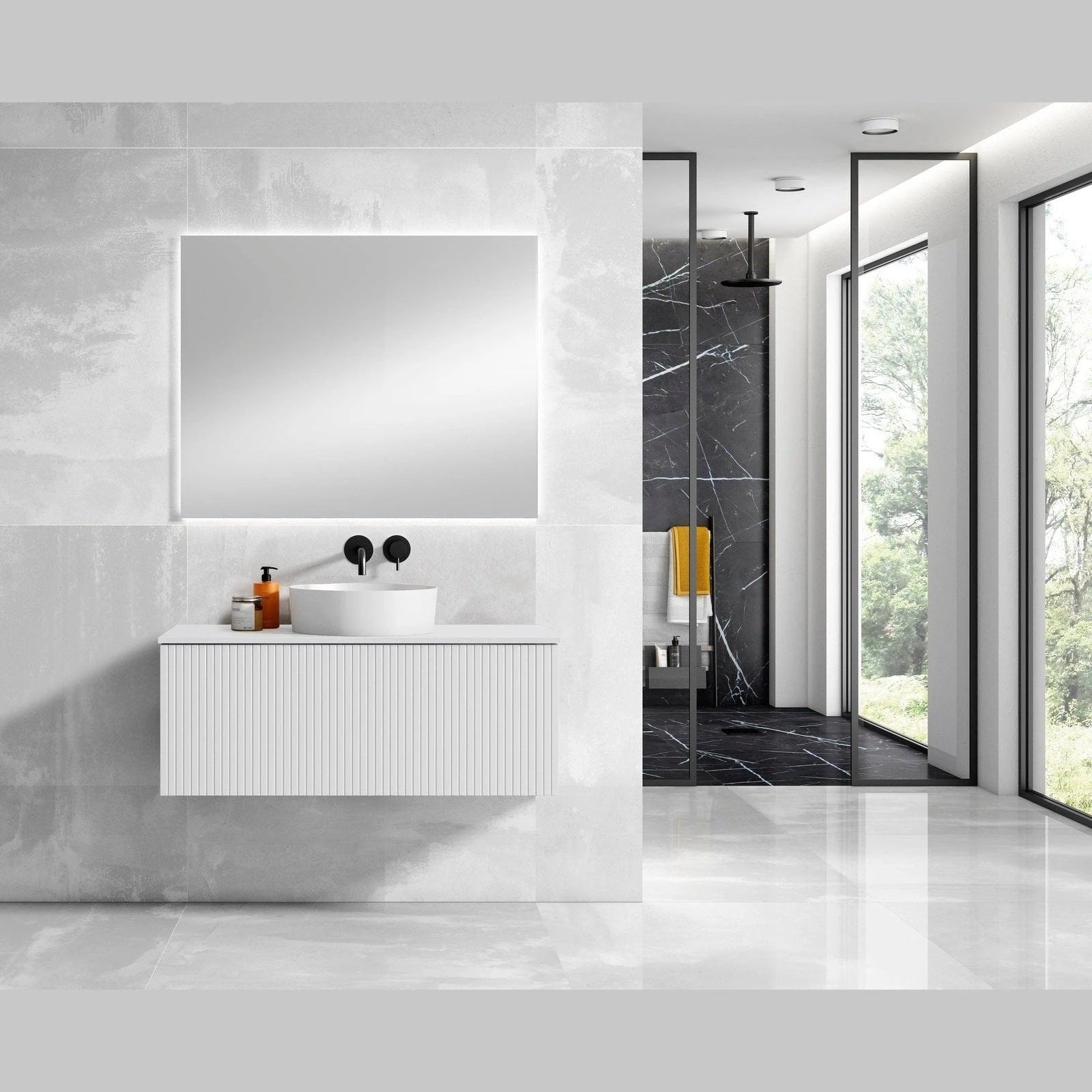 Lucena Bath 48 Bari Floating Vanity with Matching Top and Vessel SinkCeramic Sink in White, Grey or Green - Backyard Provider