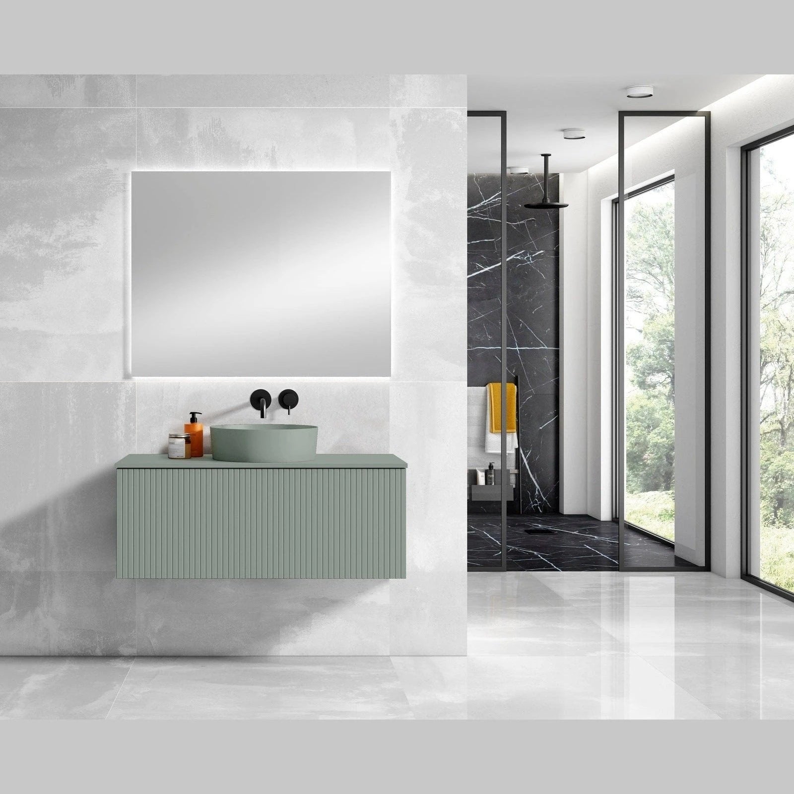 Lucena Bath 48 Bari Floating Vanity with Matching Top and Vessel SinkCeramic Sink in White, Grey or Green - Backyard Provider