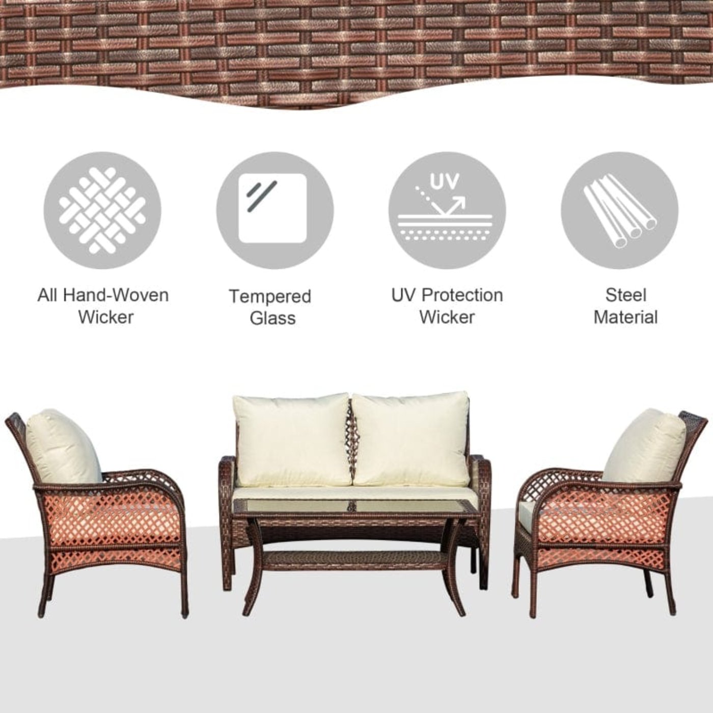 Outsunny 4-Piece Outdoor Wicker Sofa Set, Outdoor PE Rattan Conversation Furniture - 860-159CW