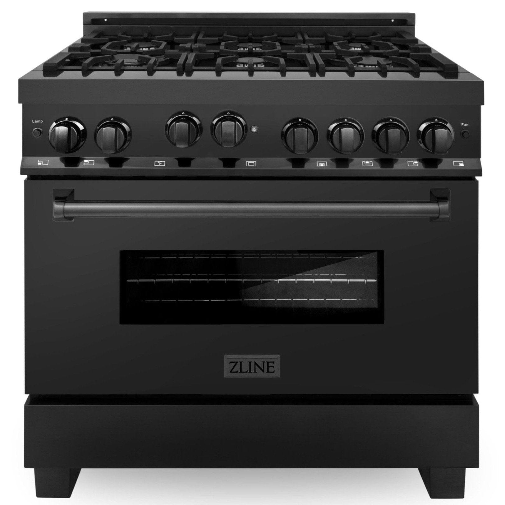 ZLINE Appliance Package - 36 in. Gas Range, Range Hood, Microwave Drawer, Dishwasher - Black Stainless Steel, 4KP-RGBRBRH36-MWDW