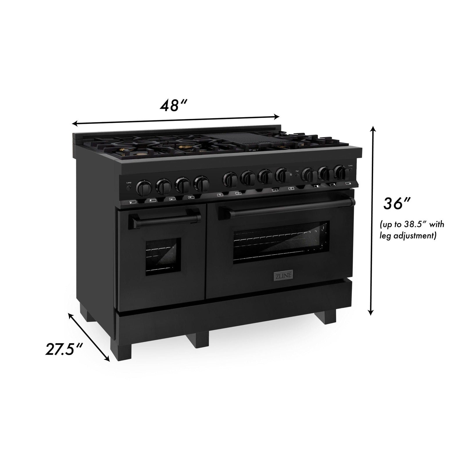 ZLINE 5-Piece Appliance Package - 48 In. Gas Range, Range Hood, Refrigerator, Microwave and Dishwasher in Black Stainless Steel, 5KPR-RGBRH48-MWDWV