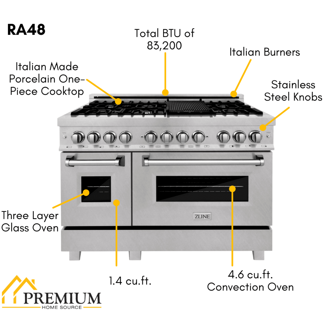 ZLINE Appliance Package - 48 in. Dual Fuel Range, Range Hood, Microwave Drawer, 3 Rack Dishwasher, Refrigerator, 5KPR-RARH48-MWDWV