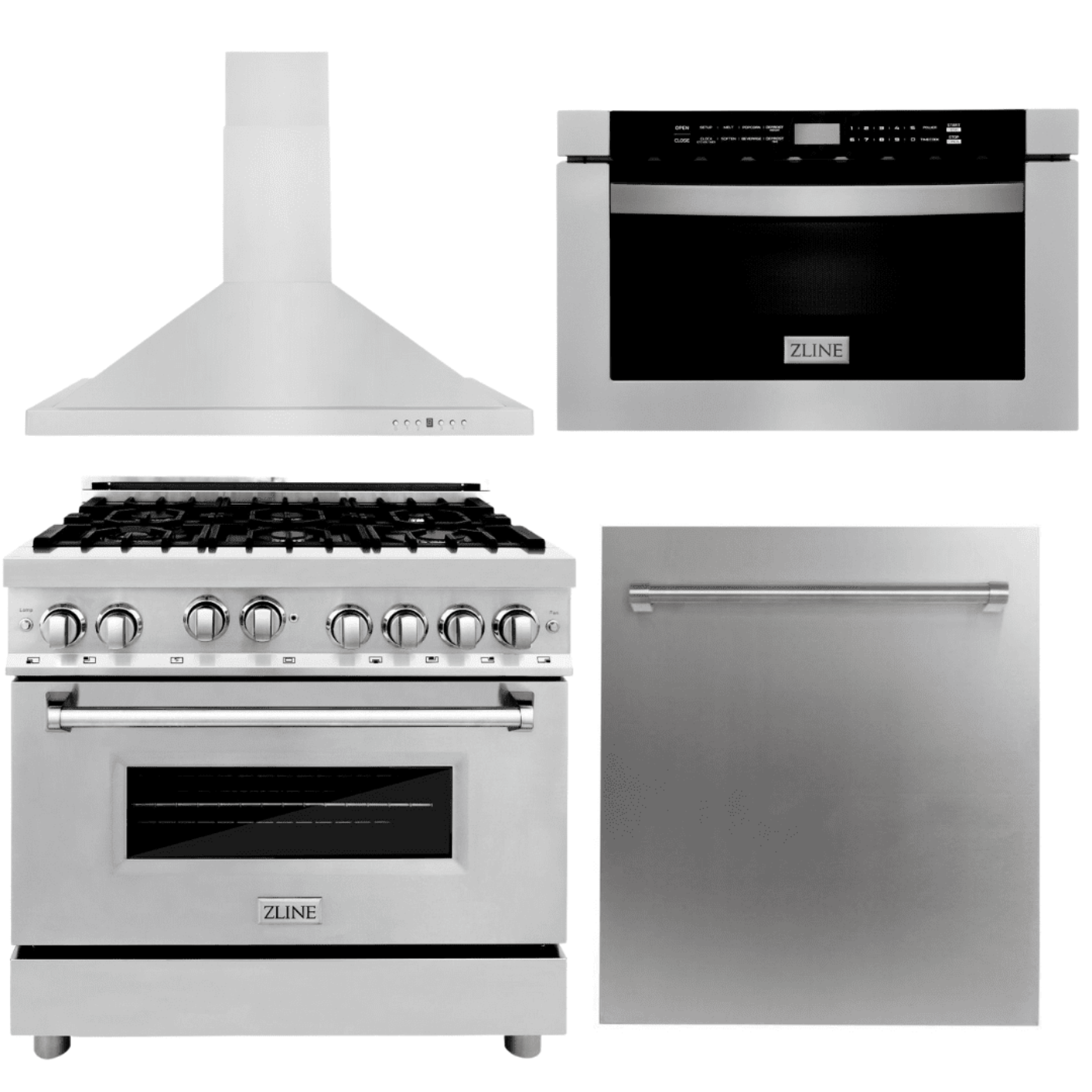 ZLINE Appliance Package - 36 in. Gas Range, Range Hood, Microwave Drawer, Dishwasher, 4KP-RGRH36-MWDW