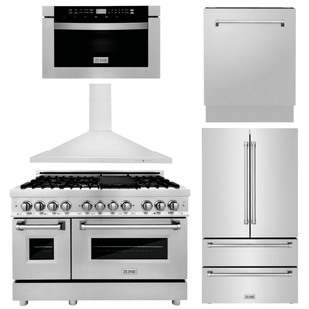 ZLINE Appliance Package - 48 in. Dual Fuel Range, Range Hood, Microwave Drawer, 3 Rack Dishwasher, Refrigerator, 5KPR-RARH48-MWDWV