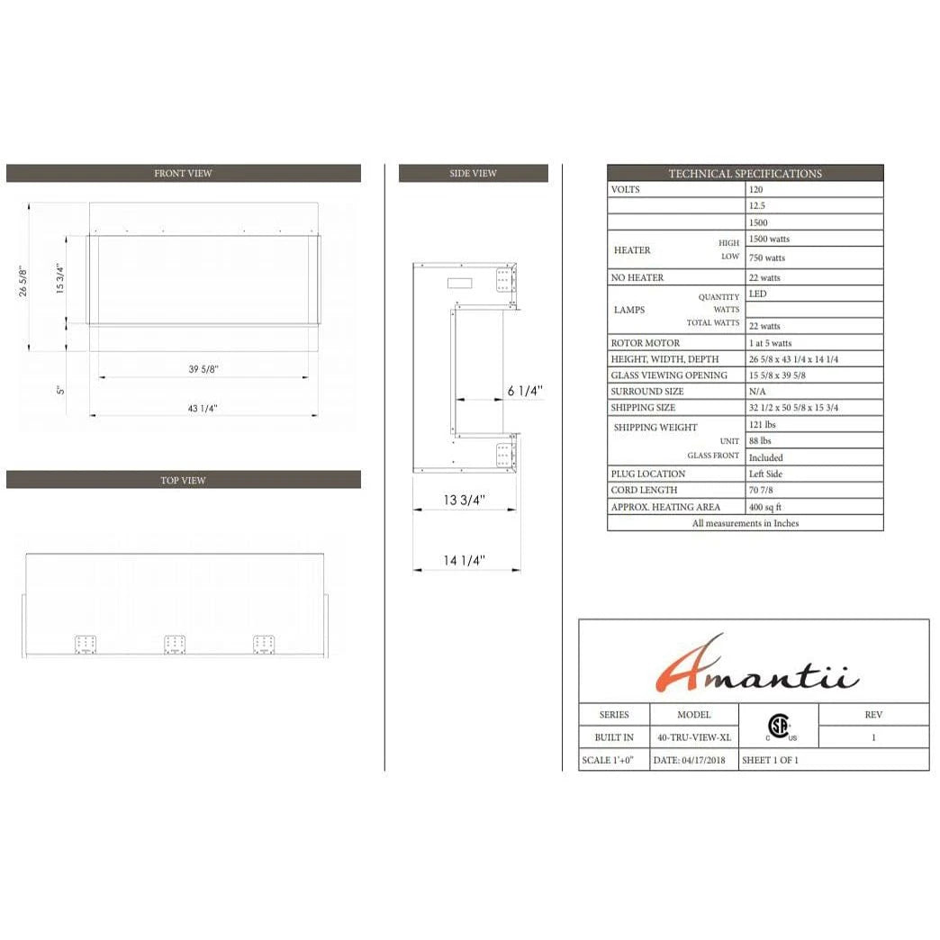 Amantii Panorama Tru View 40-inch 3-Sided View Built In Indoor/Outdoor Electric Fireplace - 40-TRU-VIEW-XL / DESIGN‐MEDIA‐15PCE