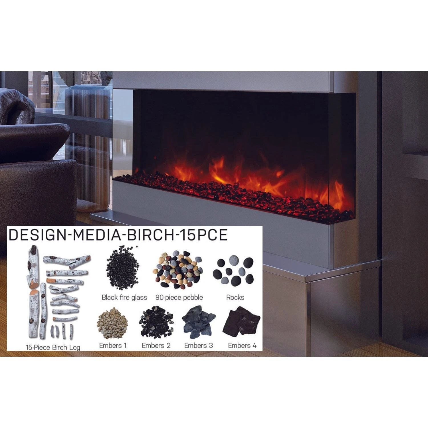 Amantii Panorama Tru View 40-inch 3-Sided View Built In Indoor/Outdoor Electric Fireplace - 40-TRU-VIEW-XL / DESIGN‐MEDIA‐15PCE