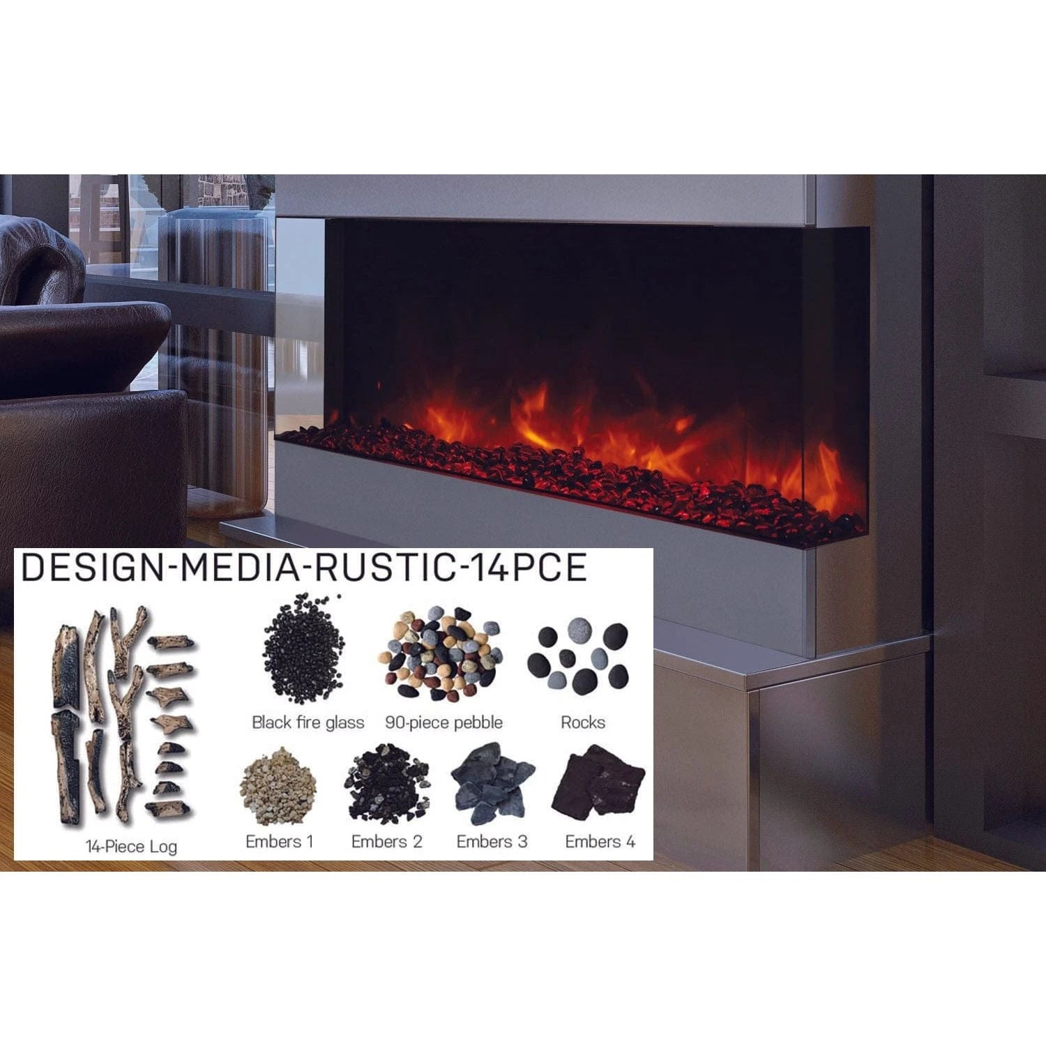 Amantii Panorama Tru View 40-inch 3-Sided View Built In Indoor/Outdoor Electric Fireplace - 40-TRU-VIEW-XL / DESIGN‐MEDIA‐15PCE