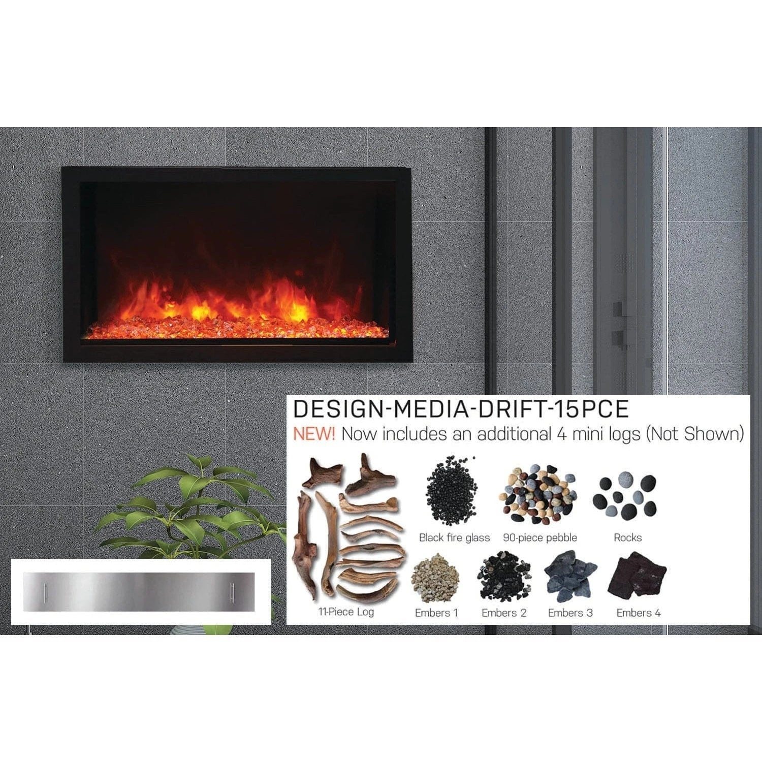 Amantii Panorama 40-inch Built-in Tall & Deep Indoor/Outdoor Linear Electric Fireplace - BI-40-DEEP-XT / DESIGN‐MEDIA‐15PCE