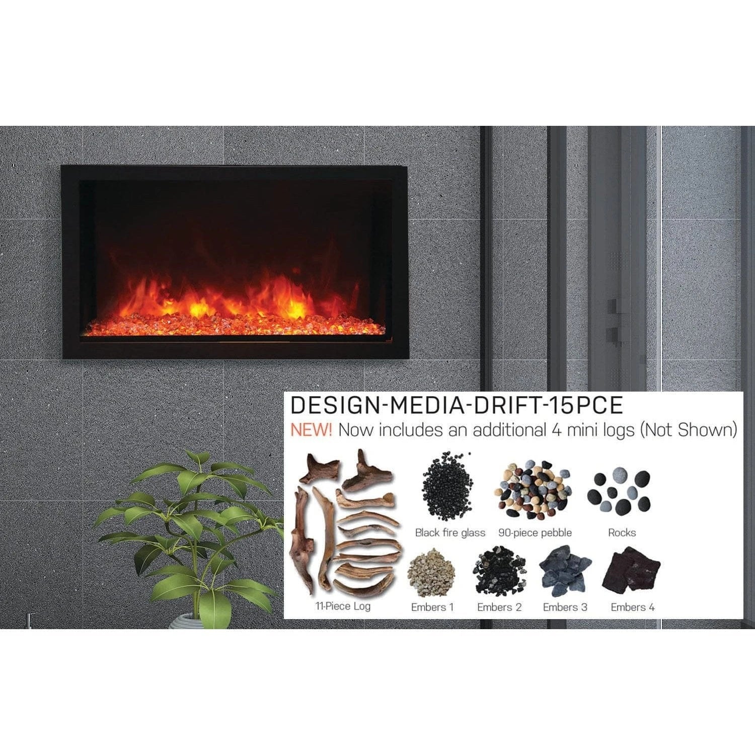 Amantii Panorama 40-inch Built-in Tall & Deep Indoor/Outdoor Linear Electric Fireplace - BI-40-DEEP-XT / DESIGN‐MEDIA‐15PCE