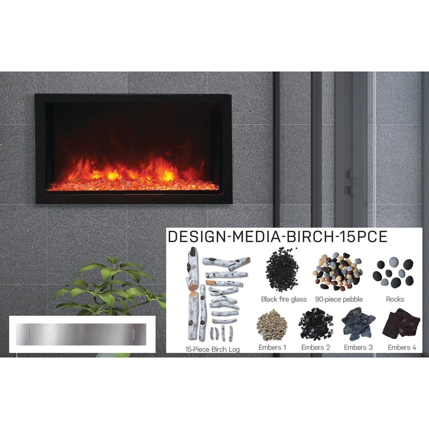 Amantii Panorama 40-inch Built-in Tall & Deep Indoor/Outdoor Linear Electric Fireplace - BI-40-DEEP-XT / DESIGN‐MEDIA‐15PCE