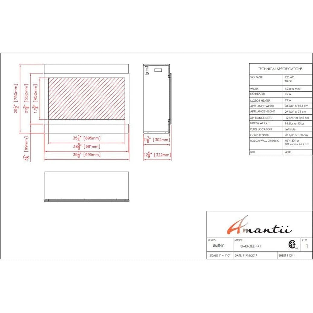 Amantii Panorama 40-inch Built-in Tall & Deep Indoor/Outdoor Linear Electric Fireplace - BI-40-DEEP-XT / DESIGN‐MEDIA‐15PCE