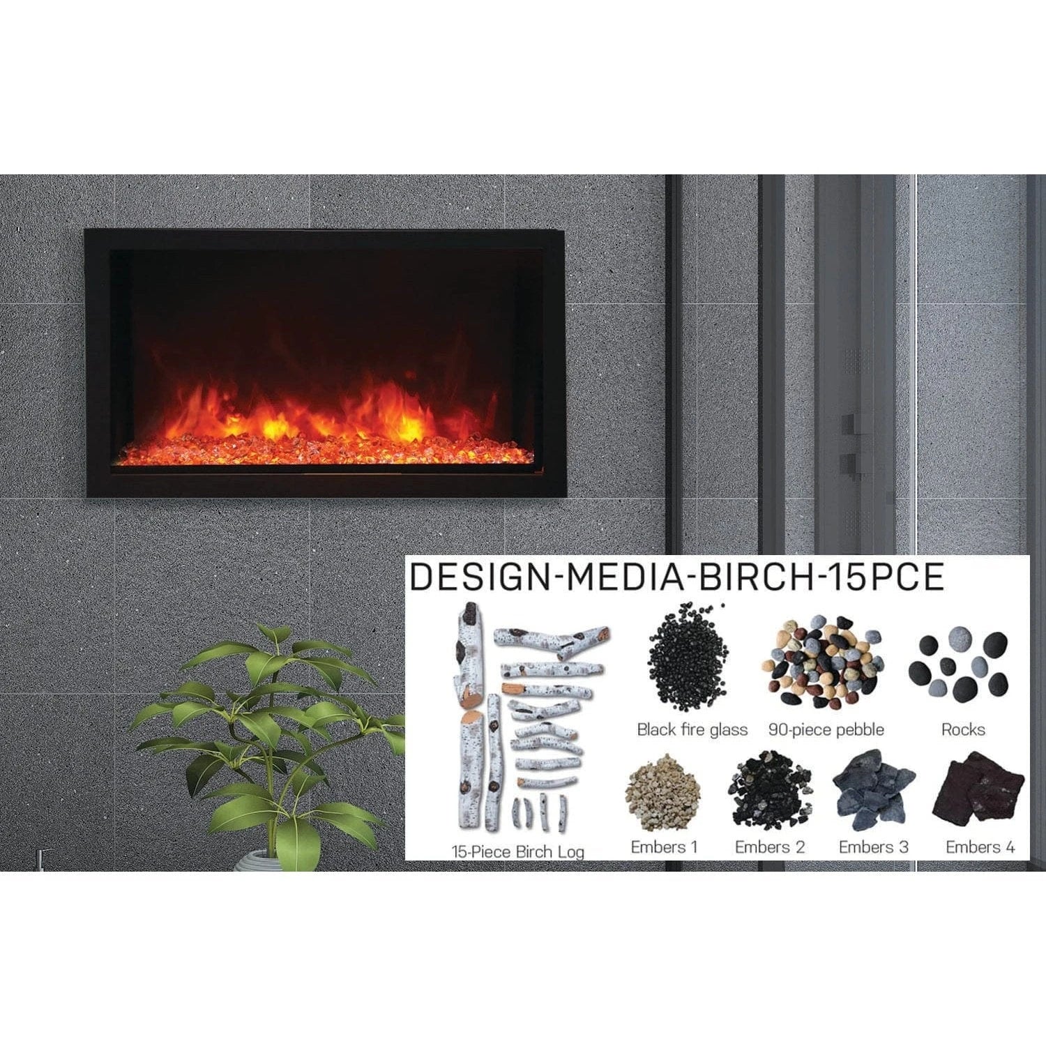 Amantii Panorama 40-inch Built-in Tall & Deep Indoor/Outdoor Linear Electric Fireplace - BI-40-DEEP-XT / DESIGN‐MEDIA‐15PCE