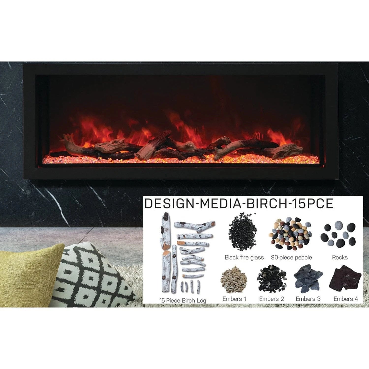 Amantii Panorama 50-inch Built-in Tall & Deep Indoor/Outdoor Linear Electric Fireplace - BI-50-DEEP-XT / DESIGN‐MEDIA‐15PCE