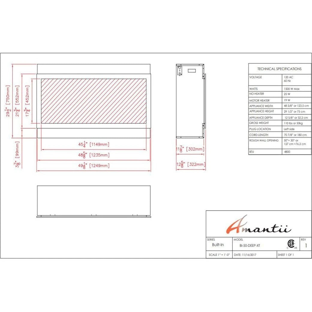 Amantii Panorama 50-inch Built-in Tall & Deep Indoor/Outdoor Linear Electric Fireplace - BI-50-DEEP-XT / DESIGN‐MEDIA‐15PCE