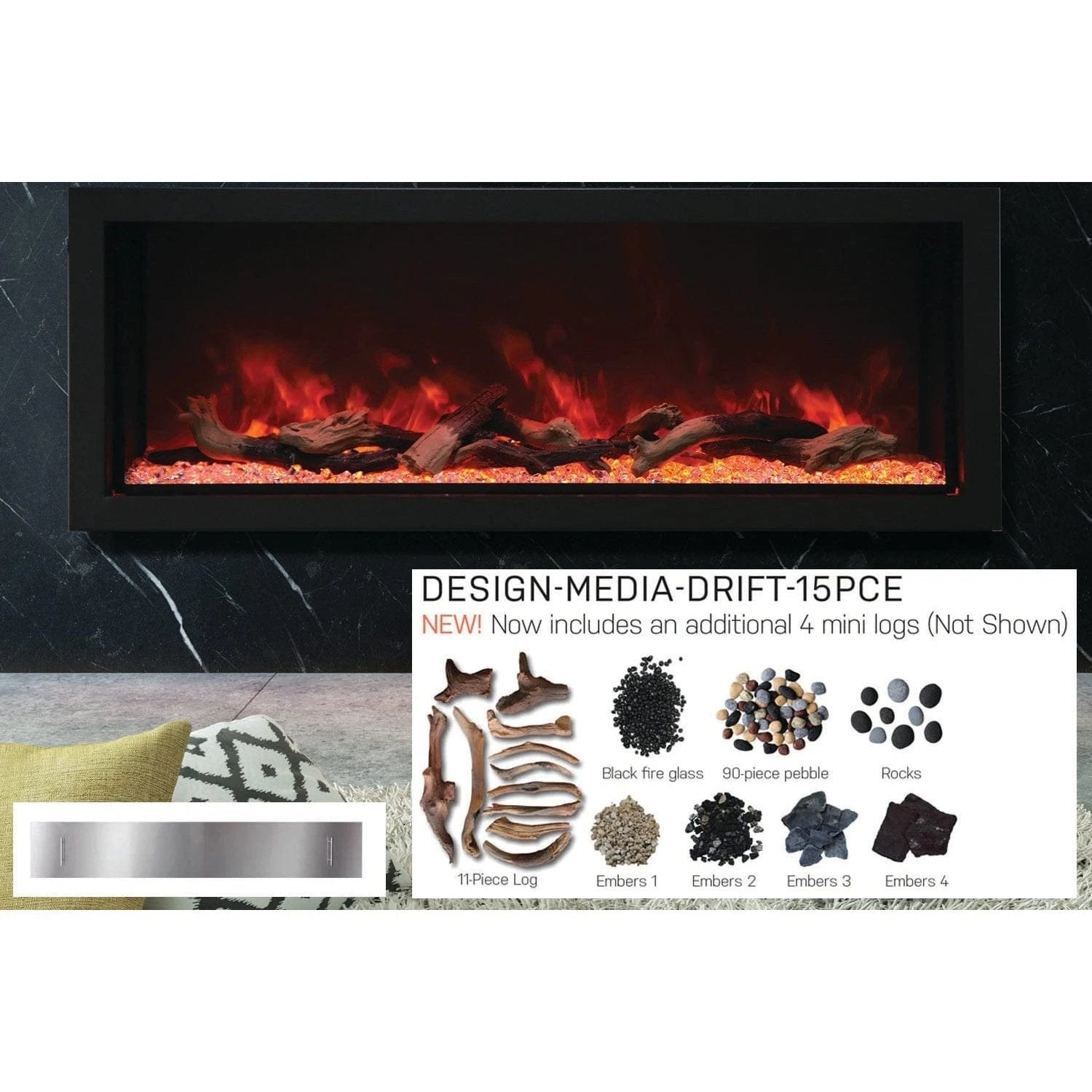 Amantii Panorama 50-inch Built-in Tall & Deep Indoor/Outdoor Linear Electric Fireplace - BI-50-DEEP-XT / DESIGN‐MEDIA‐15PCE