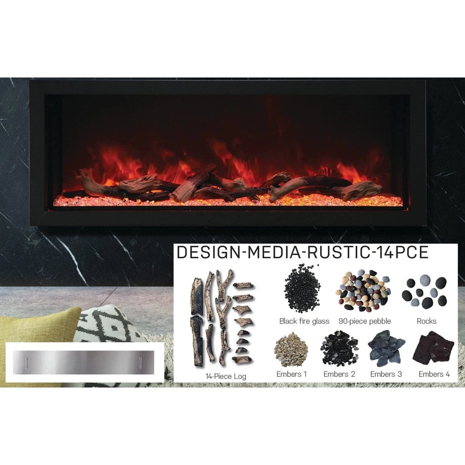 Amantii Panorama 50-inch Built-in Tall & Deep Indoor/Outdoor Linear Electric Fireplace - BI-50-DEEP-XT / DESIGN‐MEDIA‐15PCE