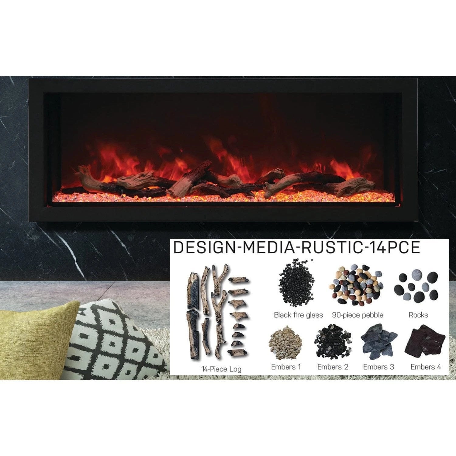 Amantii Panorama 50-inch Built-in Tall & Deep Indoor/Outdoor Linear Electric Fireplace - BI-50-DEEP-XT / DESIGN‐MEDIA‐15PCE