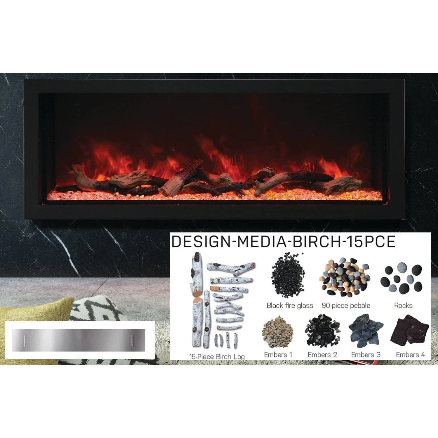 Amantii Panorama 50-inch Built-in Tall & Deep Indoor/Outdoor Linear Electric Fireplace - BI-50-DEEP-XT / DESIGN‐MEDIA‐15PCE