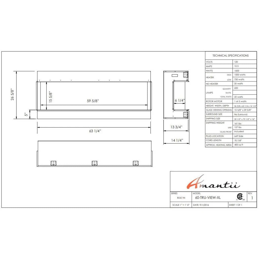 Amantii Panorama Tru View 60-inch 3-Sided View Built In Indoor/Outdoor Electric Fireplace - 60-TRU-VIEW-XL