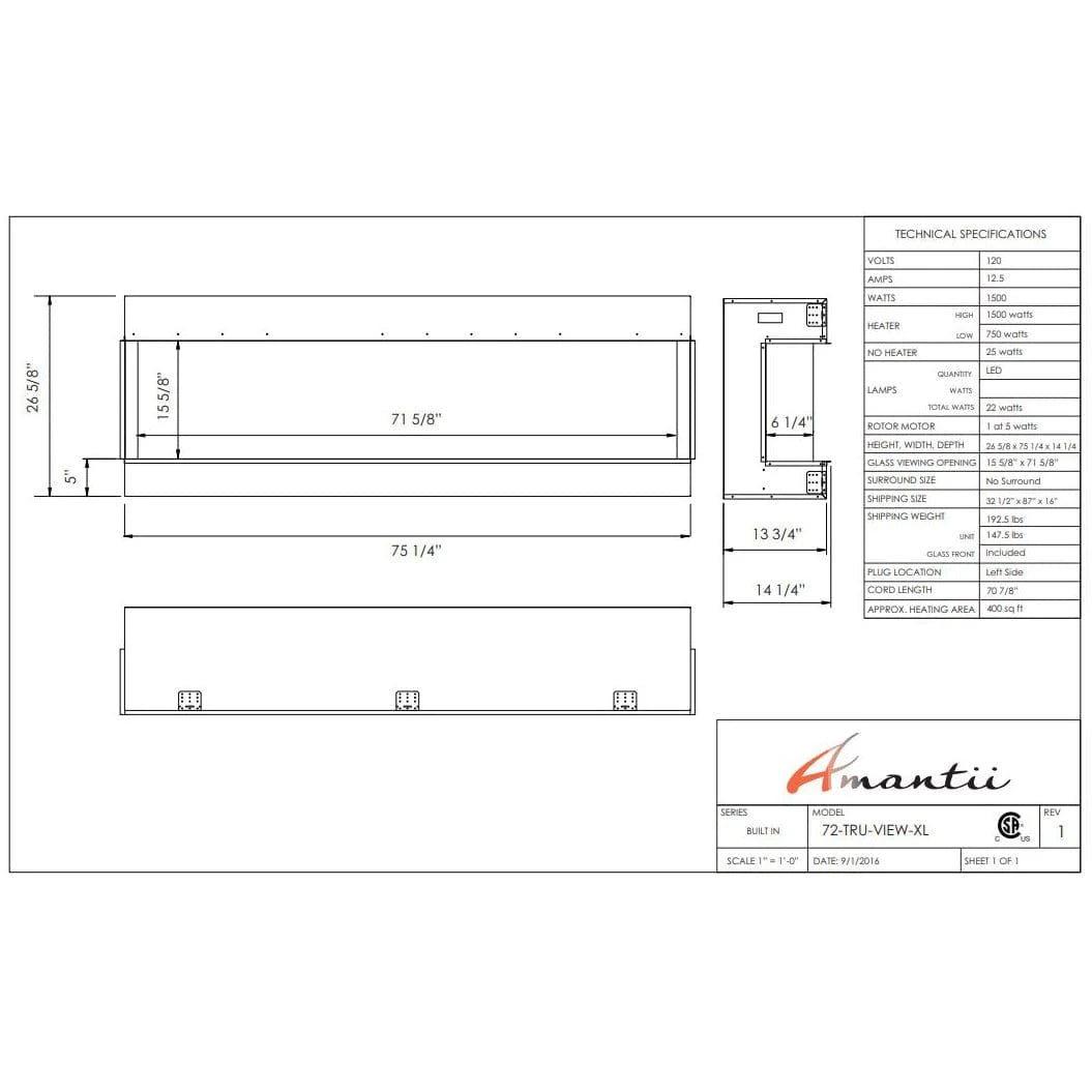 Amantii Panorama Tru View 72-inch 3-Sided View Built In Indoor/Outdoor Electric Fireplace - 72-TRU-VIEW-XL / DESIGN‐MEDIA‐15PCE