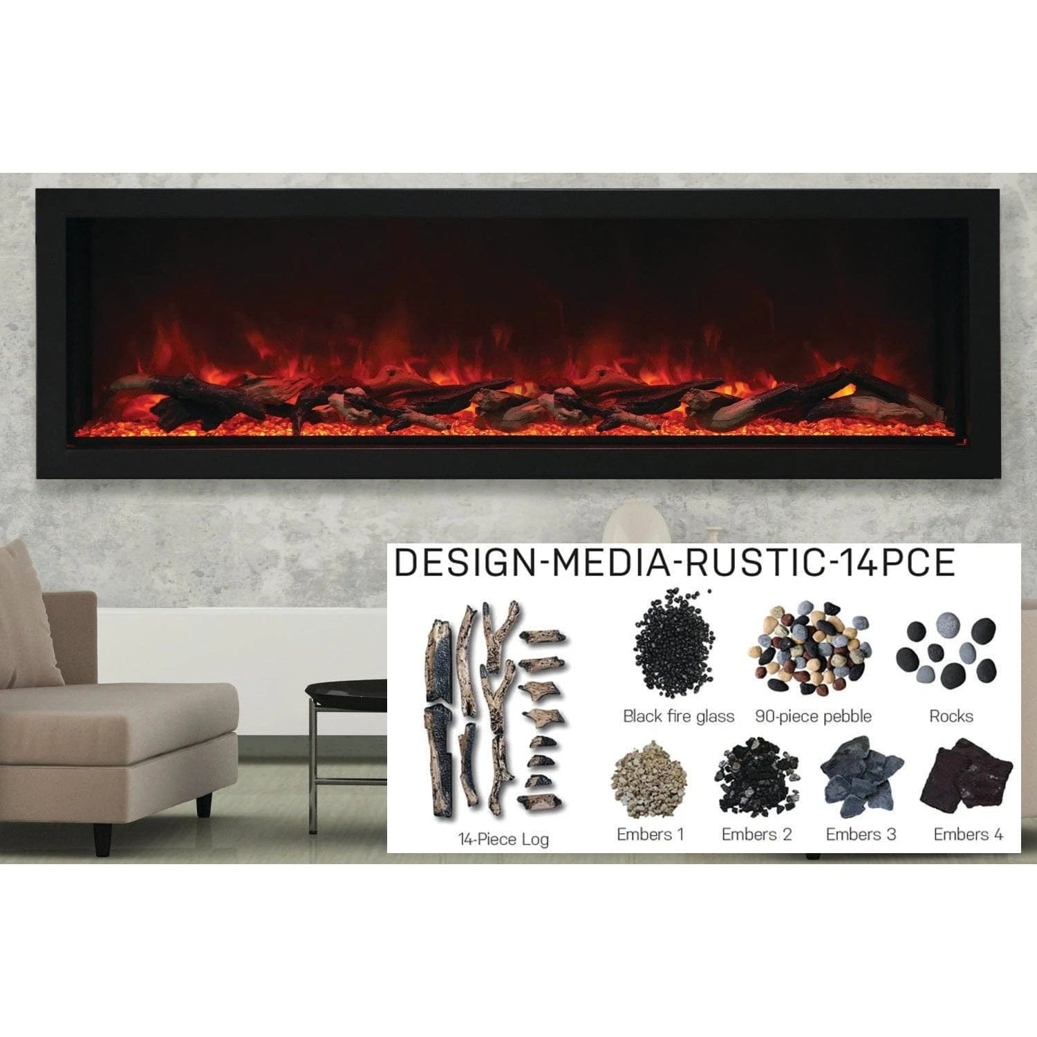 Amantii Panorama 72-inch Built-in Tall & Deep Indoor/Outdoor Linear Electric Fireplace - BI-72-DEEP-XT / DESIGN‐MEDIA‐15PCE