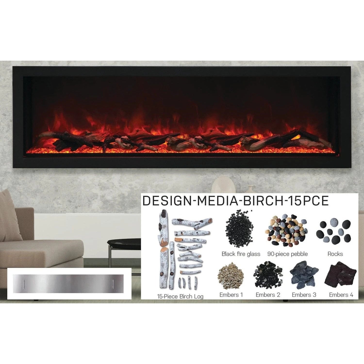 Amantii Panorama 72-inch Built-in Tall & Deep Indoor/Outdoor Linear Electric Fireplace - BI-72-DEEP-XT / DESIGN‐MEDIA‐15PCE