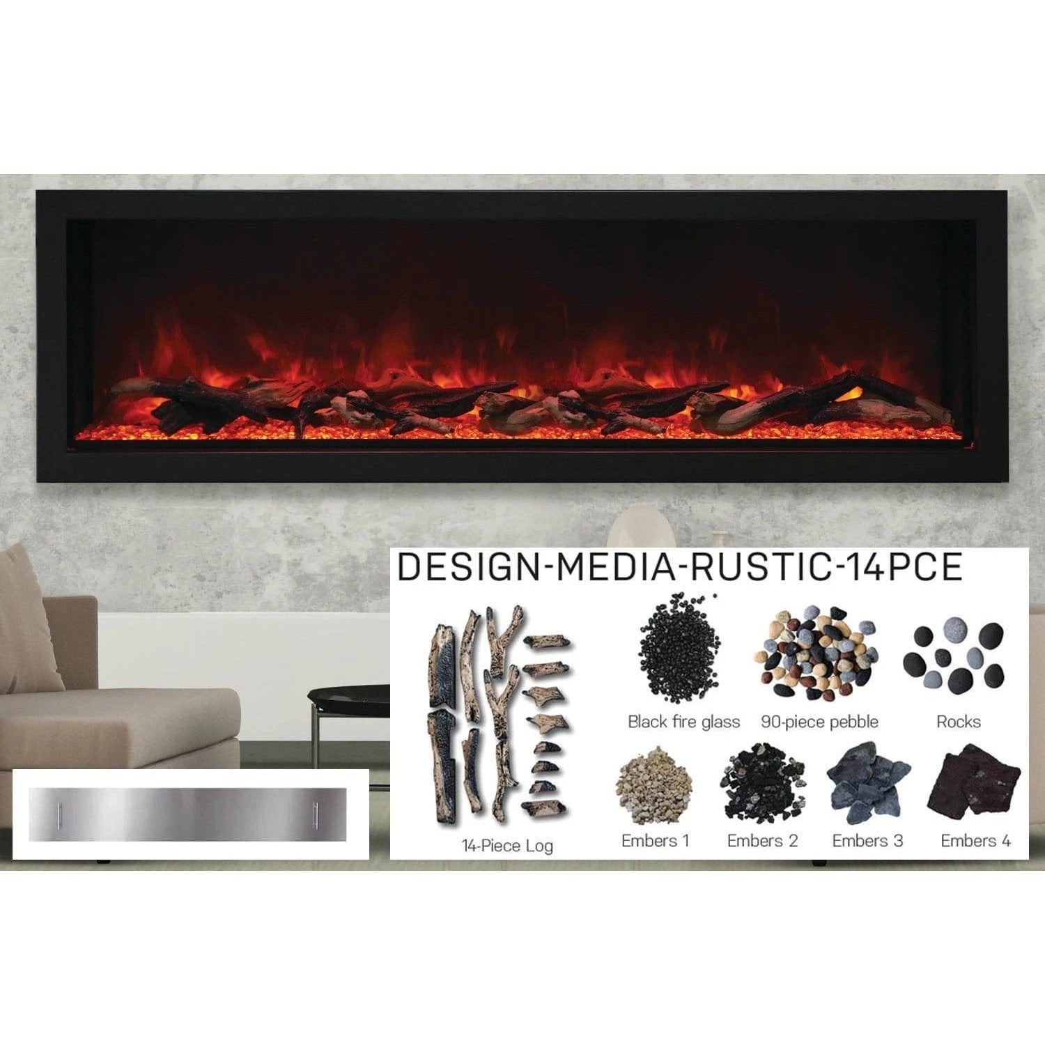 Amantii Panorama 72-inch Built-in Tall & Deep Indoor/Outdoor Linear Electric Fireplace - BI-72-DEEP-XT / DESIGN‐MEDIA‐15PCE