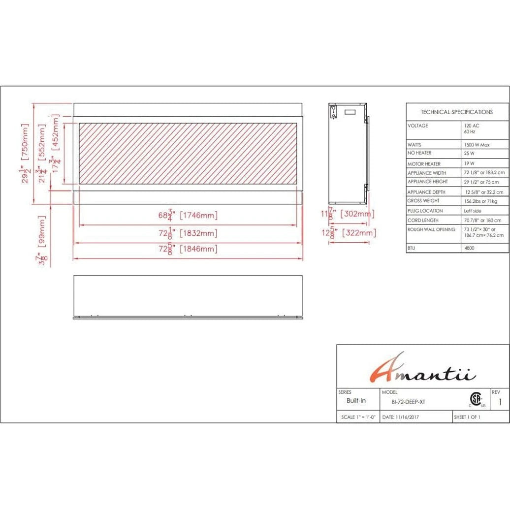 Amantii Panorama 72-inch Built-in Tall & Deep Indoor/Outdoor Linear Electric Fireplace - BI-72-DEEP-XT / DESIGN‐MEDIA‐15PCE