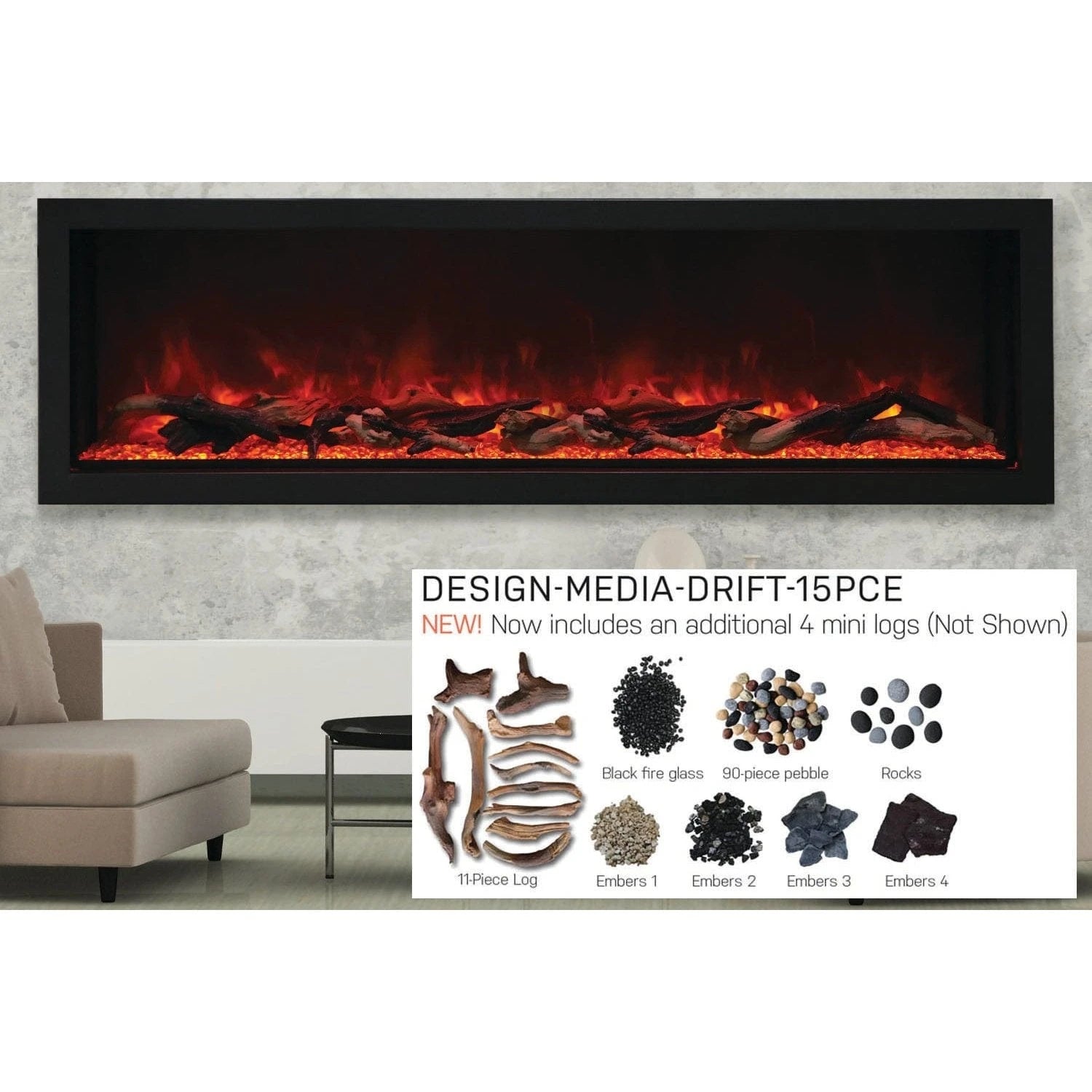 Amantii Panorama 72-inch Built-in Tall & Deep Indoor/Outdoor Linear Electric Fireplace - BI-72-DEEP-XT / DESIGN‐MEDIA‐15PCE