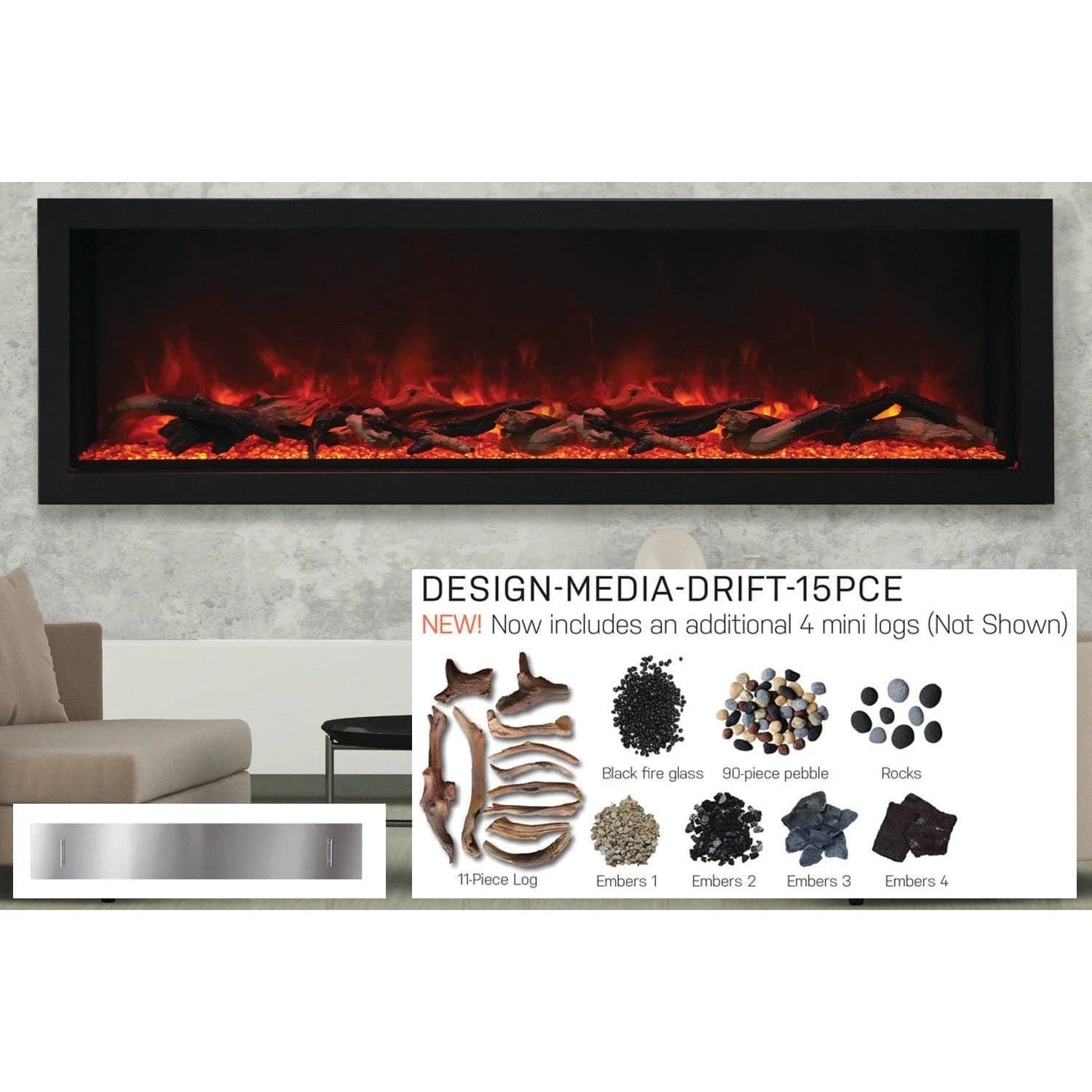 Amantii Panorama 72-inch Built-in Tall & Deep Indoor/Outdoor Linear Electric Fireplace - BI-72-DEEP-XT / DESIGN‐MEDIA‐15PCE