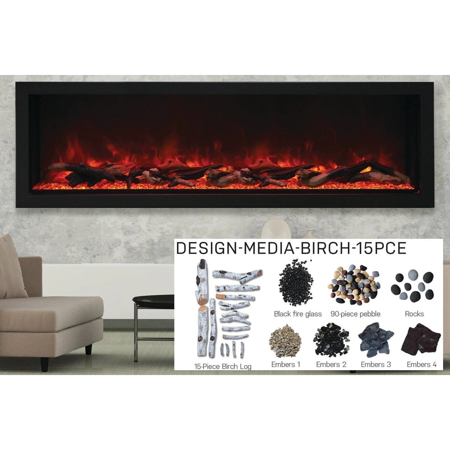 Amantii Panorama 72-inch Built-in Tall & Deep Indoor/Outdoor Linear Electric Fireplace - BI-72-DEEP-XT / DESIGN‐MEDIA‐15PCE