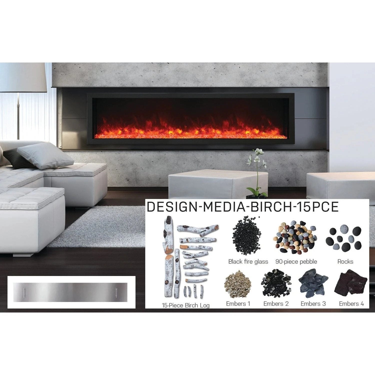 Amantii Panorama 88-inch Built-in Tall & Deep Indoor/Outdoor Linear Electric Fireplace - BI-88-DEEP-XT / DESIGN‐MEDIA‐15PCE