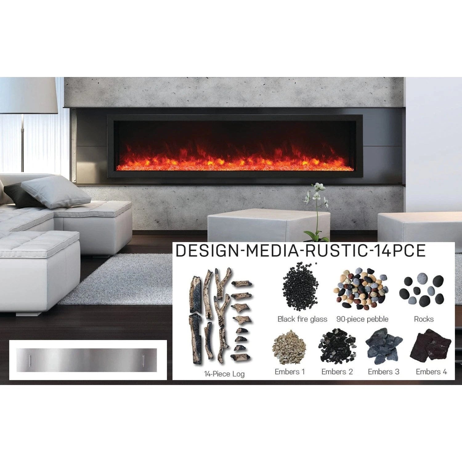 Amantii Panorama 88-inch Built-in Tall & Deep Indoor/Outdoor Linear Electric Fireplace - BI-88-DEEP-XT / DESIGN‐MEDIA‐15PCE