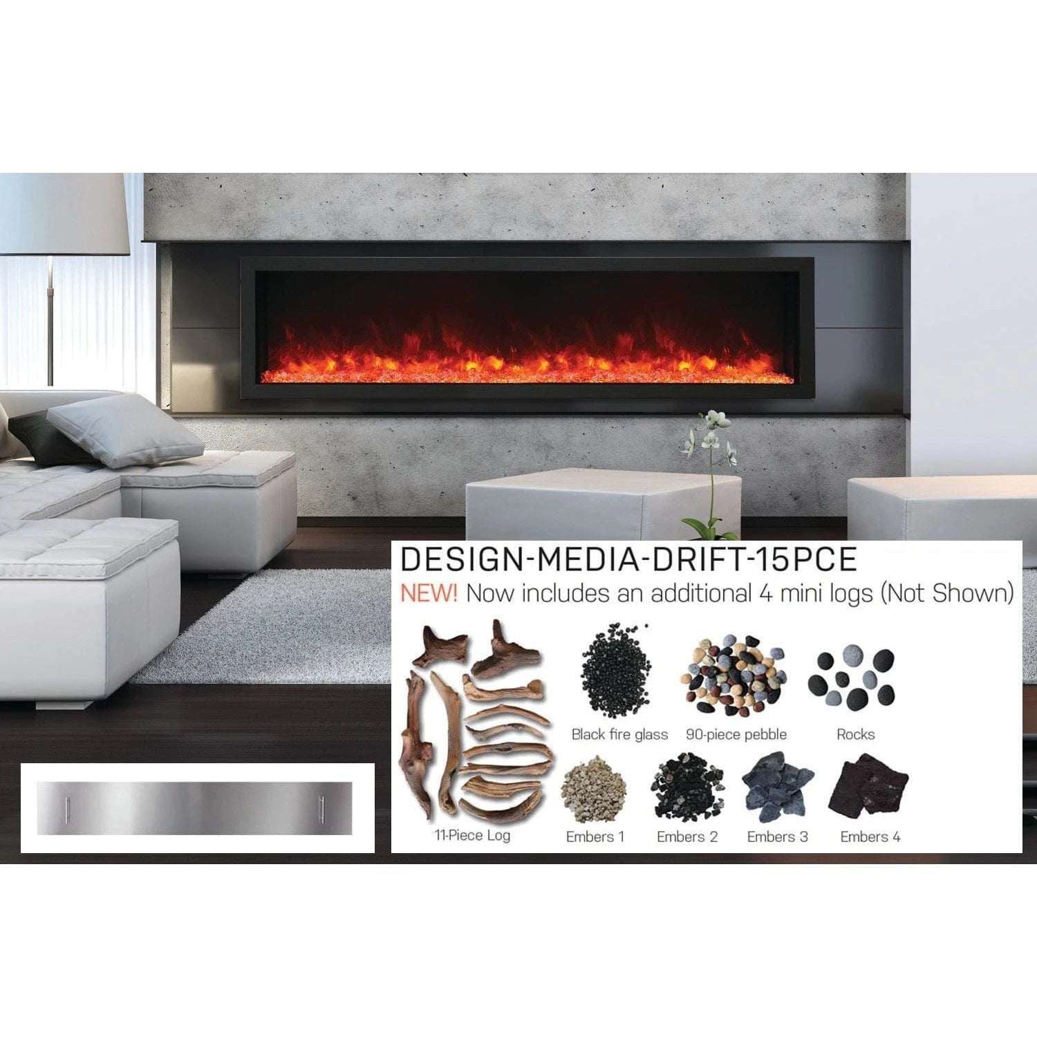 Amantii Panorama 88-inch Built-in Tall & Deep Indoor/Outdoor Linear Electric Fireplace - BI-88-DEEP-XT / DESIGN‐MEDIA‐15PCE