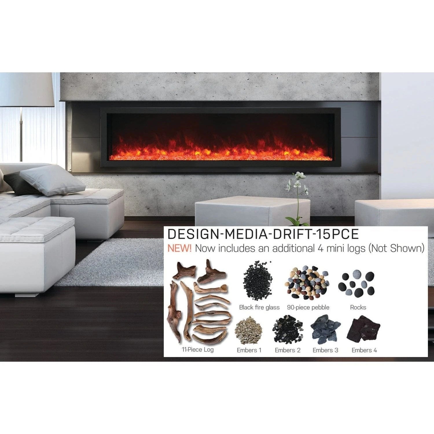 Amantii Panorama 88-inch Built-in Tall & Deep Indoor/Outdoor Linear Electric Fireplace - BI-88-DEEP-XT / DESIGN‐MEDIA‐15PCE