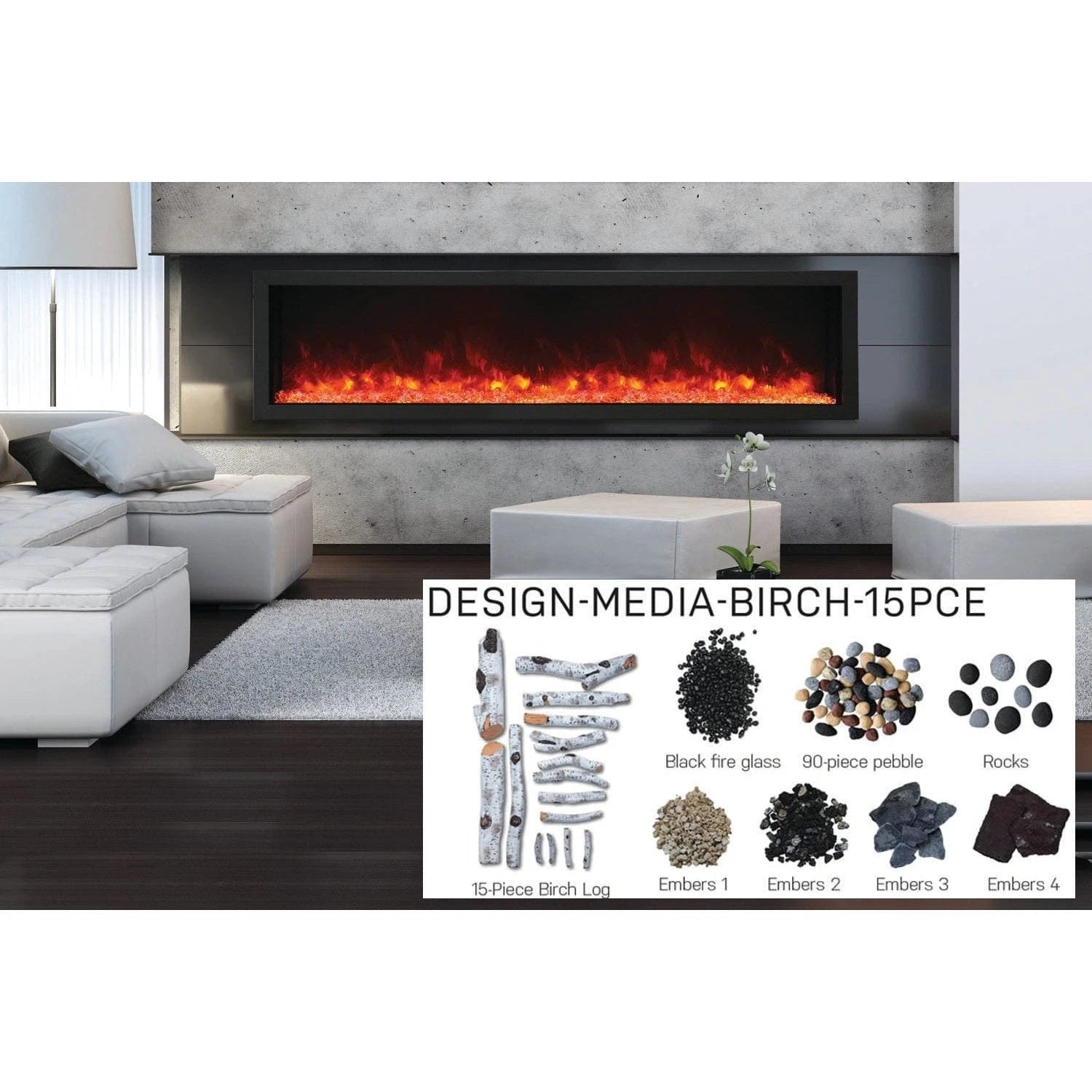 Amantii Panorama 88-inch Built-in Tall & Deep Indoor/Outdoor Linear Electric Fireplace - BI-88-DEEP-XT / DESIGN‐MEDIA‐15PCE