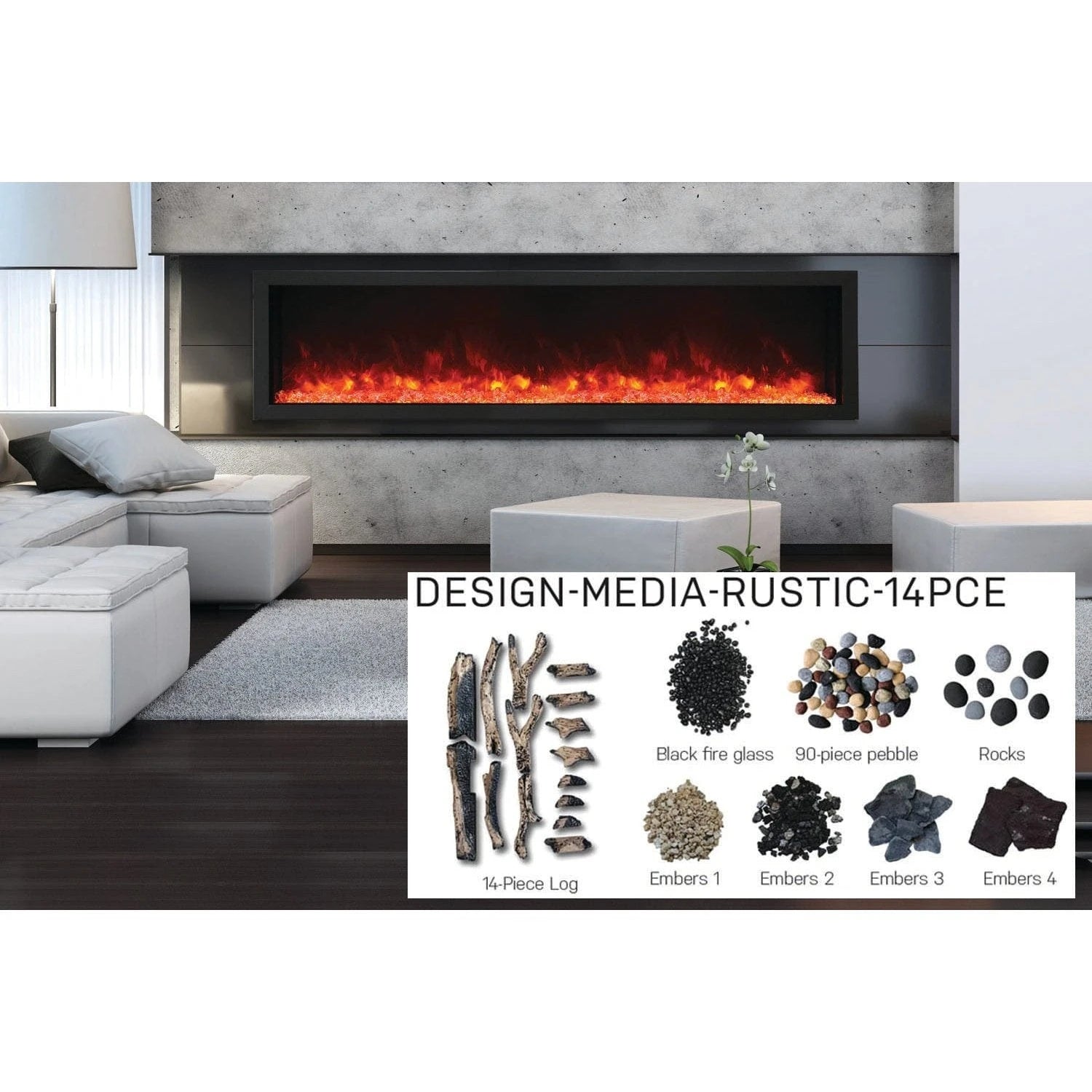 Amantii Panorama 88-inch Built-in Tall & Deep Indoor/Outdoor Linear Electric Fireplace - BI-88-DEEP-XT / DESIGN‐MEDIA‐15PCE