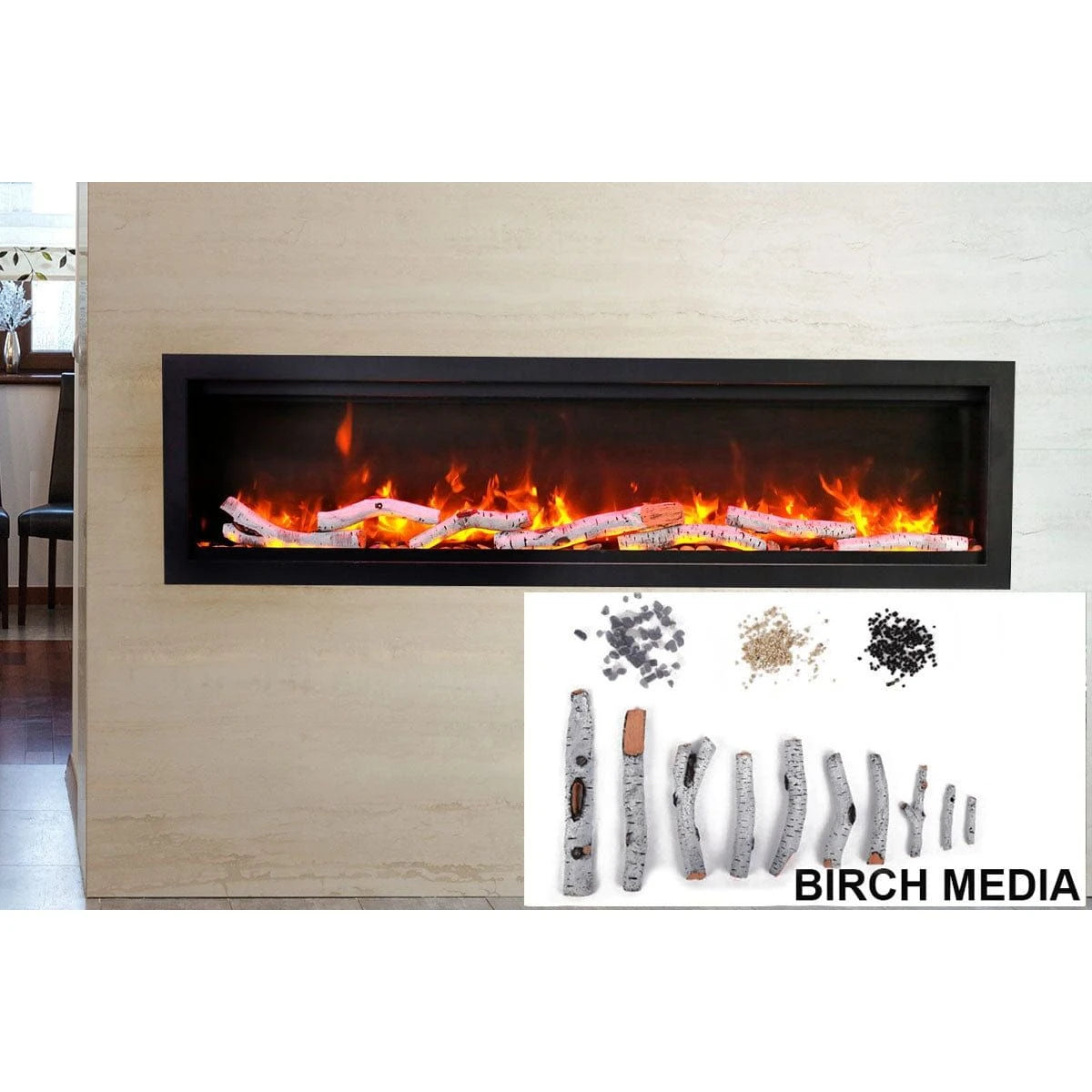 Amantii Symmetry Bespoke 60'' Wall Mount / Recessed Linear Indoor/Outdoor Electric Fireplace - SYM-60 BESPOKE / DESIGN MEDIA BIRCH-10PCE