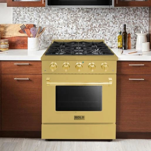 Hallman BOLD GOLD 30 4.2 Cu. Ft. 4 Burner Freestanding Dual Fuel Range and Electric Oven - HBRDF30GD