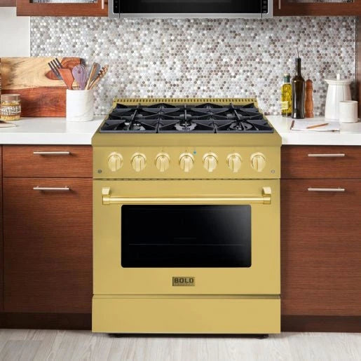 Hallman BOLD GOLD 36 5.2 Cu. Ft. 6 Burner Freestanding Dual Fuel Range and Electric Oven - HBRDF36GD