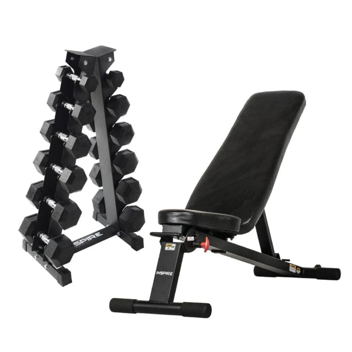 Inspire 5-30lb Rubber Hex Dumbbell Set w/Adjustable Bench and Rack