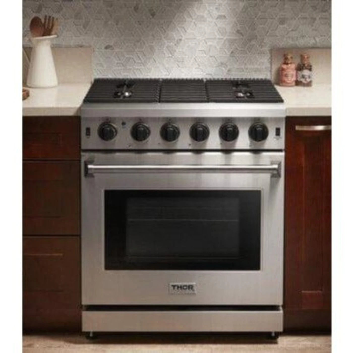 Thor Kitchen Appliance Package - 30 in. Natural Gas Range, Range Hood, Microwave Drawer, Refrigerator, Dishwasher, AP-LRG3001U-7