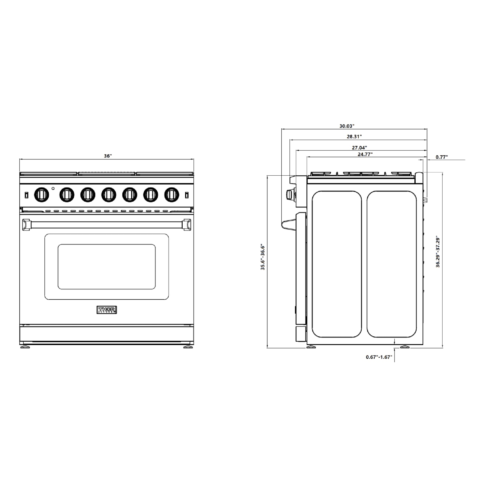 Thor Kitchen 36-Inch 6.0 Cu. Ft Single Oven Professional Gas Range in Stainless Steel LRG3601U