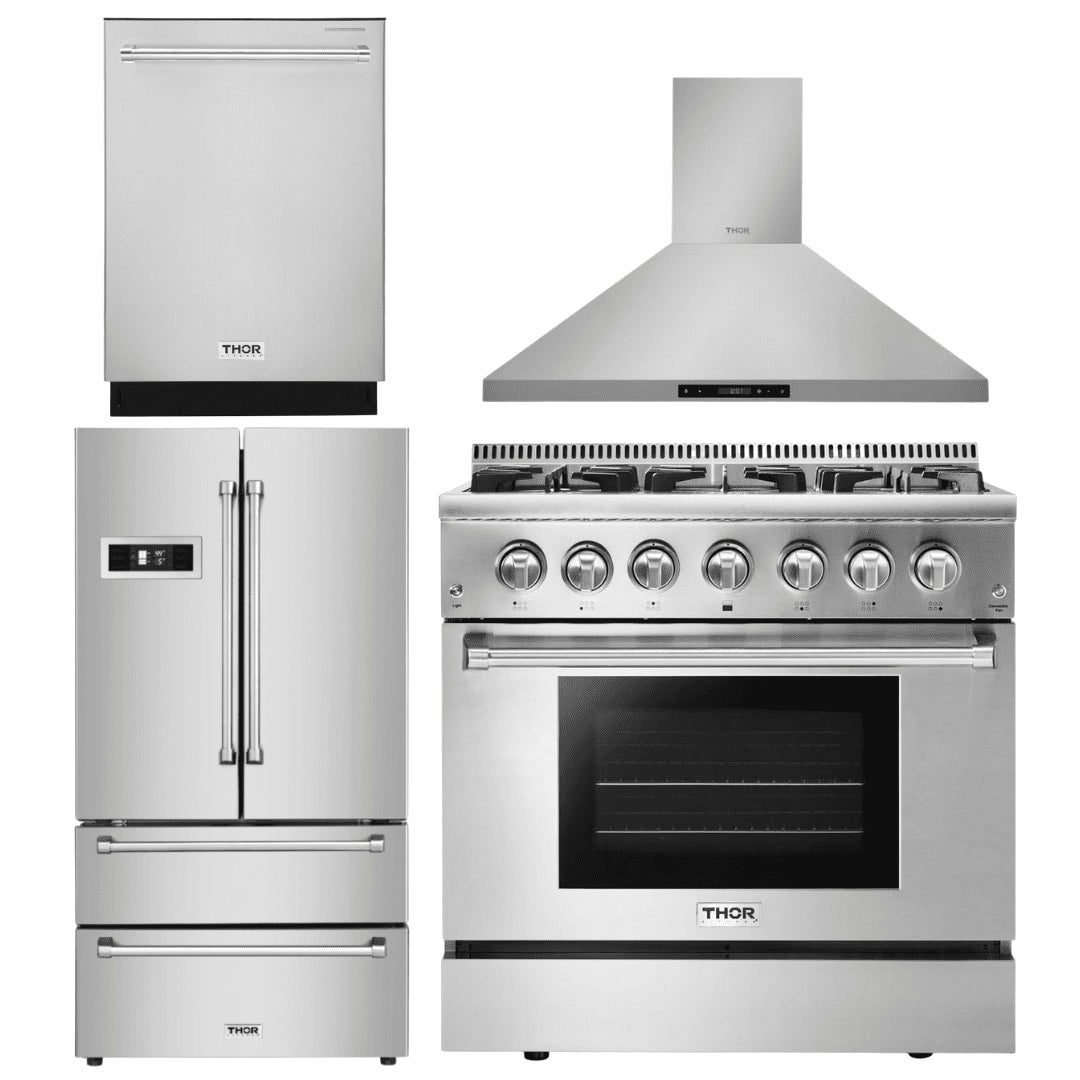 Thor Kitchen Appliance Package - 36 in. Propane Gas Burner/Electric Oven Range, Range Hood, Dishwasher, Refrigerator, AP-HRD3606ULP-3