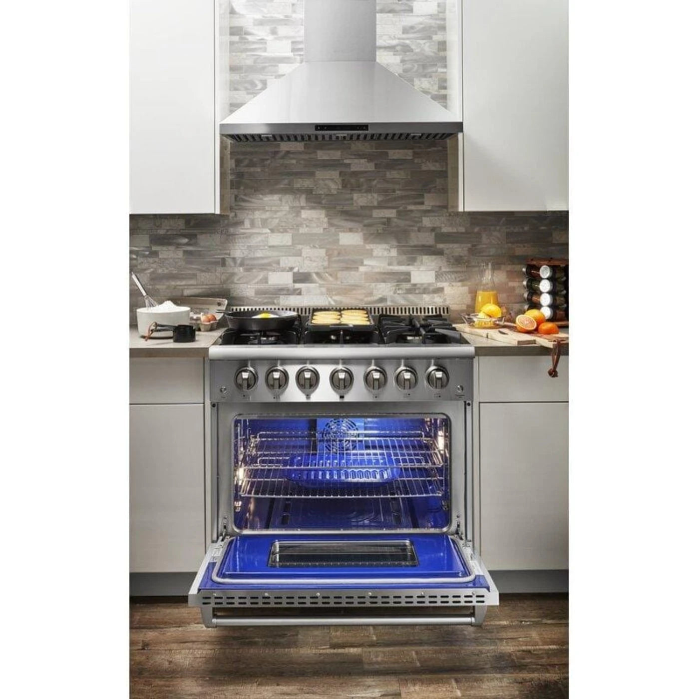 Thor Kitchen Appliance Package - 36 in. Propane Gas Burner/Electric Oven Range, Range Hood, Dishwasher, Refrigerator, AP-HRD3606ULP-3