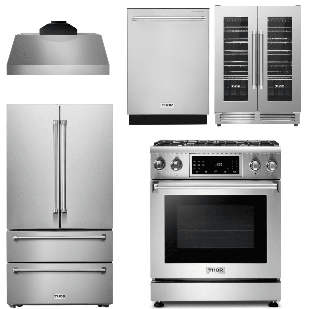 Thor Kitchen Appliance Package - 30 In. Gas Range, Range Hood, Refrigerator, Dishwasher, Wine Cooler, AP-TRG3001-C-3