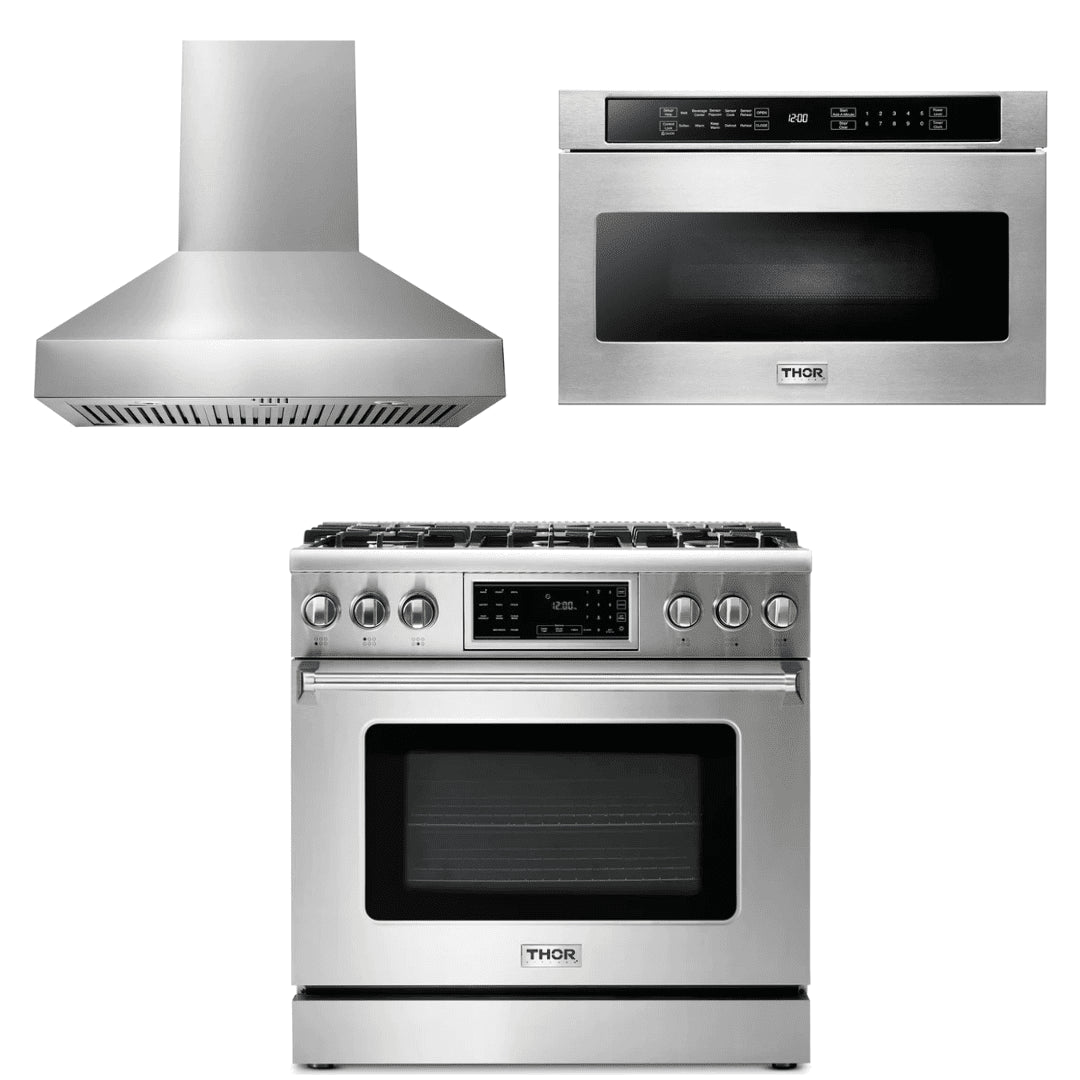 Thor Kitchen Appliance Package - 36 In. Gas Range, Range Hood, Microwave Drawer, AP-TRG3601-W-4