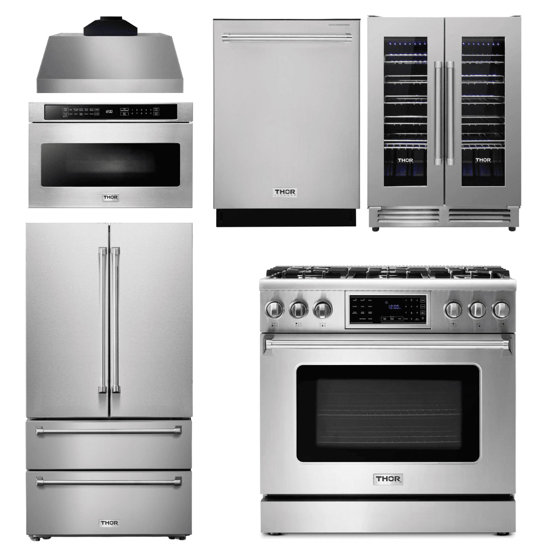 Thor Kitchen Appliance Package - 36 In. Gas Range, Range Hood, Microwave Drawer, Refrigerator, Dishwasher, Wine Cooler, AP-TRG3601LP-C-6