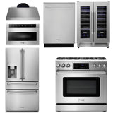 Thor Kitchen Appliance Package - 36 In. Gas Range, Range Hood, Microwave Drawer, Refrigerator with Water and Ice Dispenser, Dishwasher, Wine Cooler, AP-TRG3601-C-10